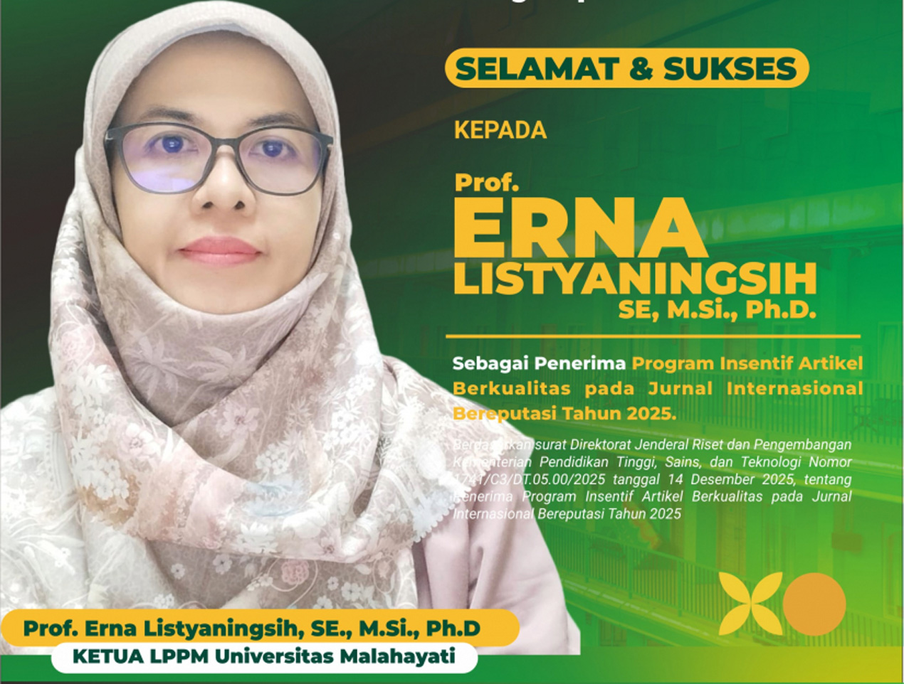 Prof. Erna Listyaningsih Terima Insentif Artikel Berkualitas Jurnal Internasional 2025